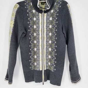 Eddie Bauer Nordic Fair Isle Knit Full Zip Up Cardigan Sweater Stretch Gray